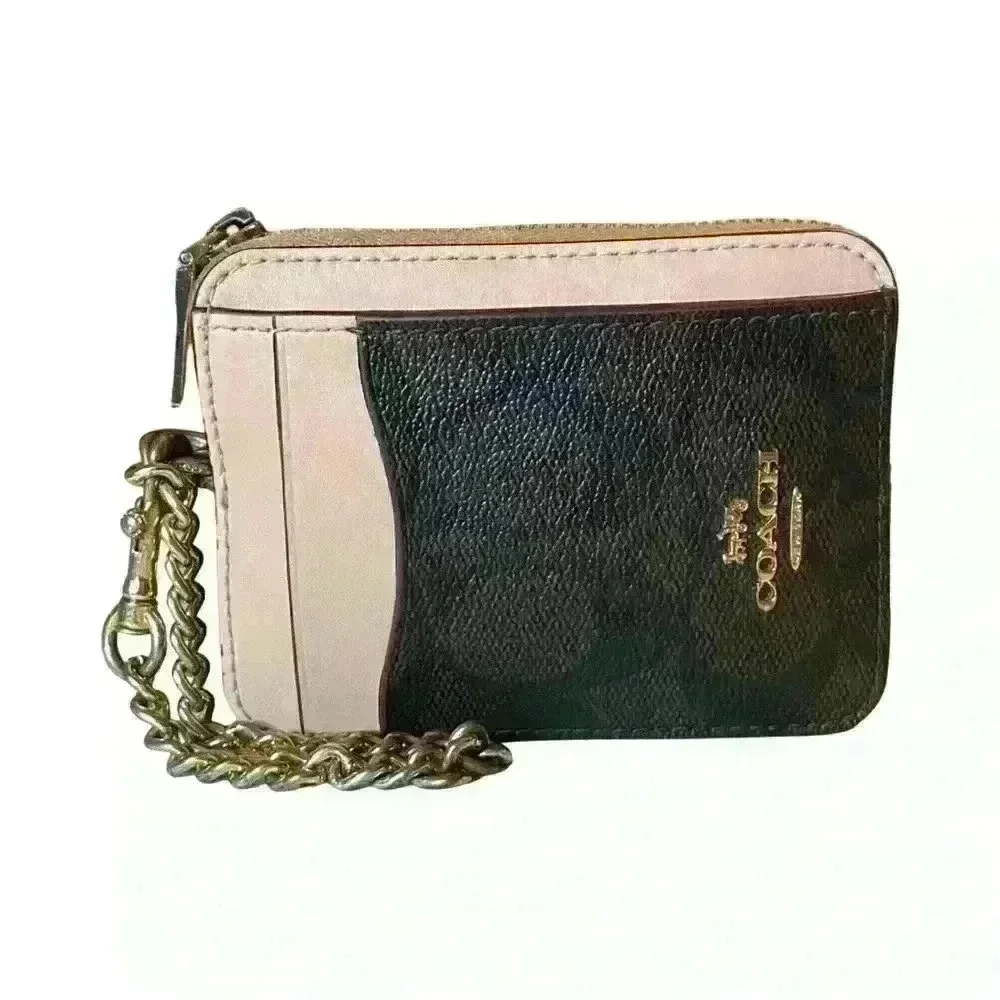 COACH Signature Zip Card Case in Mahogany/Shell Pink 3”X4”